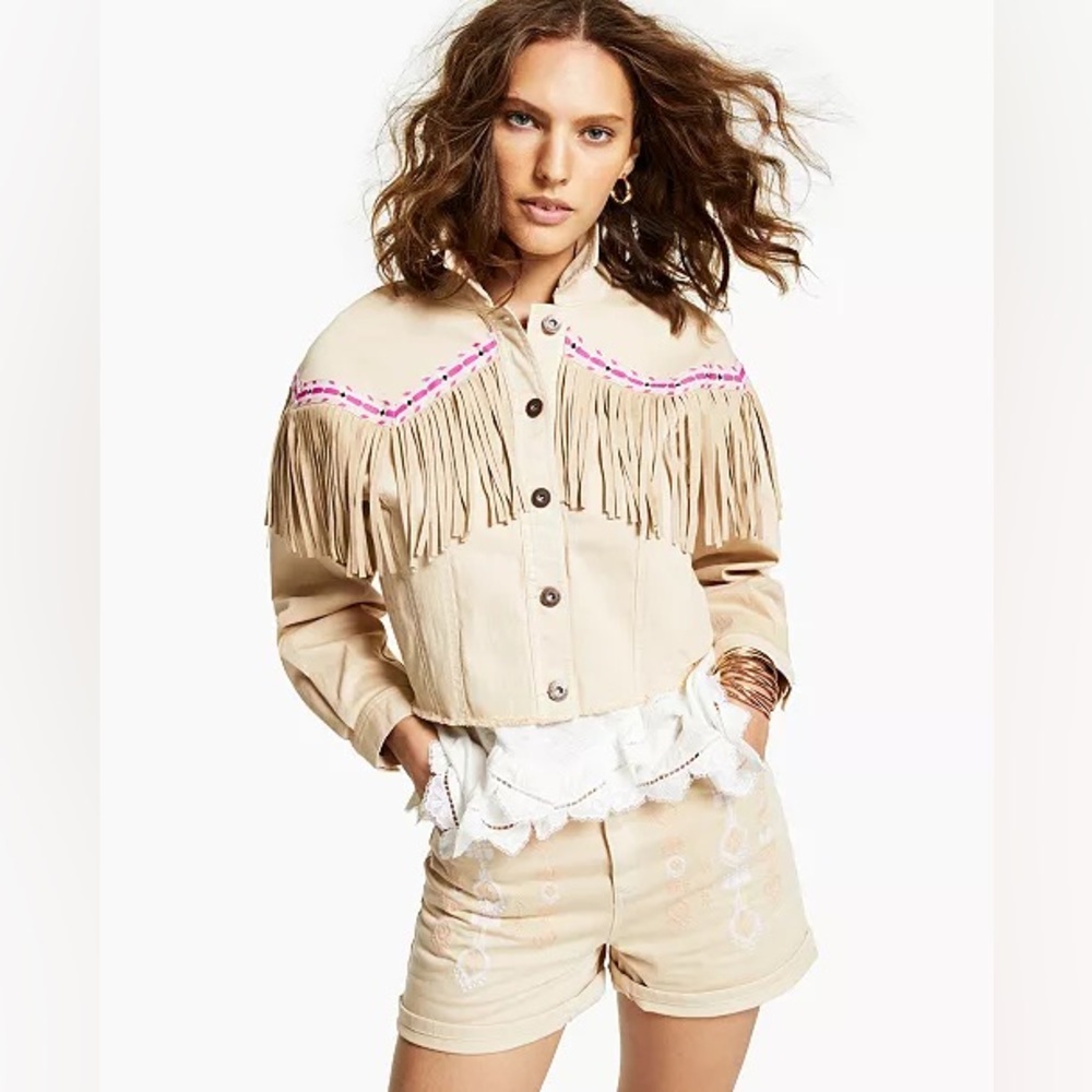 INC International Concepts Beige Fringe Jean Jacket with Pink Trim